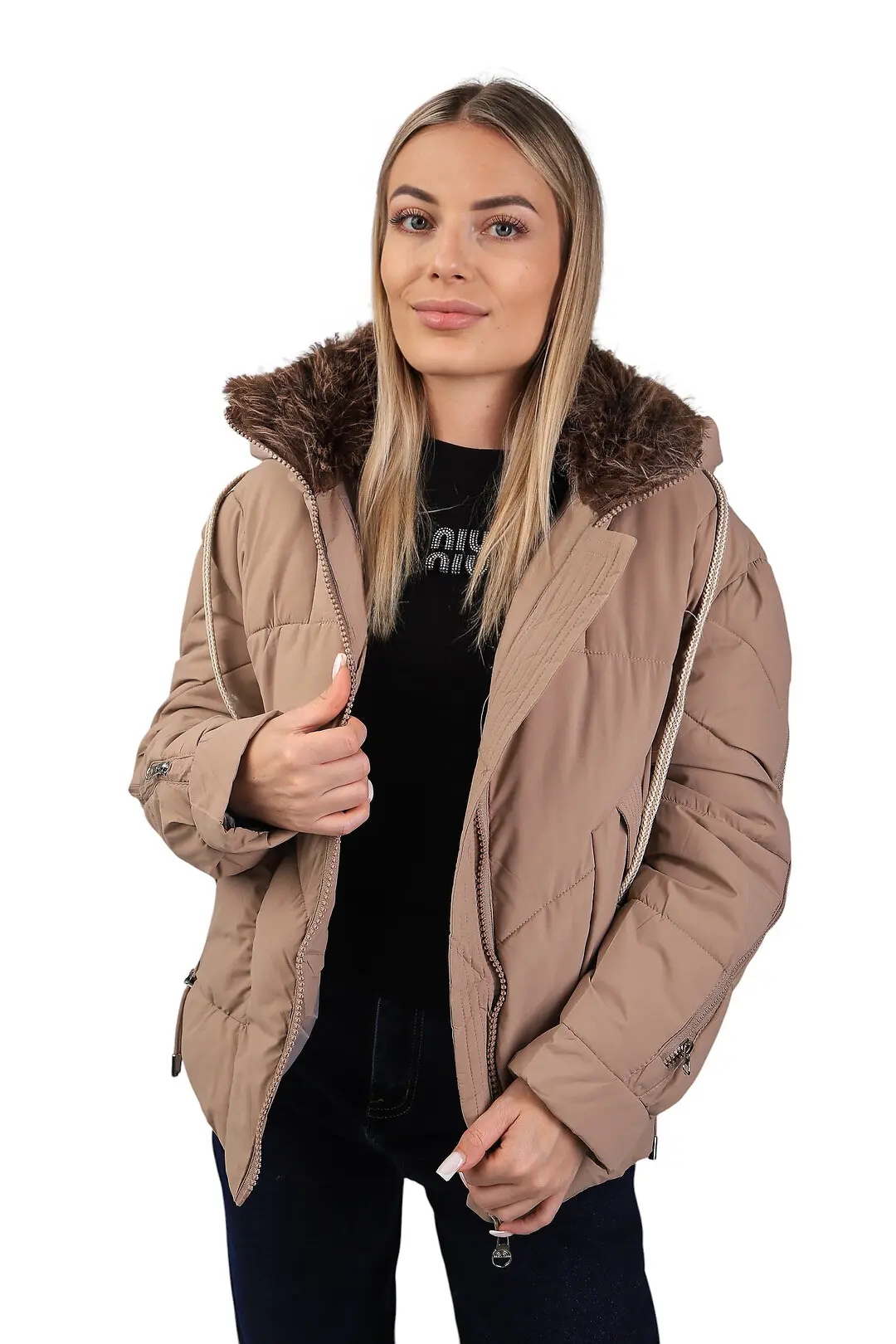 Куртка жіноча Fashion темно-бежева з плащівки з капюшоном