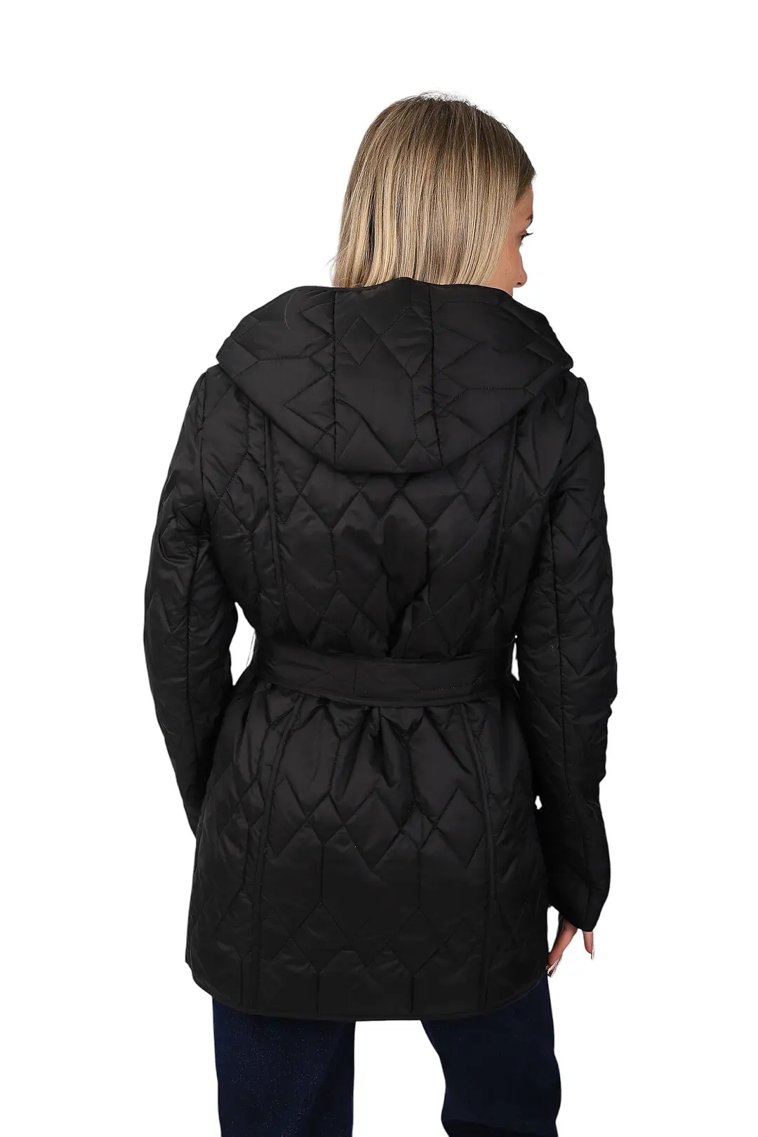 Куртка жіноча Fashion чорна з поясом і капюшоном