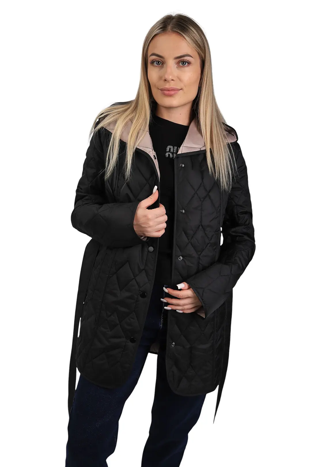 Куртка жіноча Fashion чорна з поясом і капюшоном