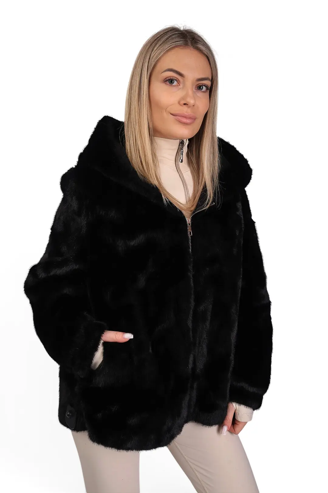 Шуба жіноча Where Uwear чорна зі штучного хутра з капюшоном