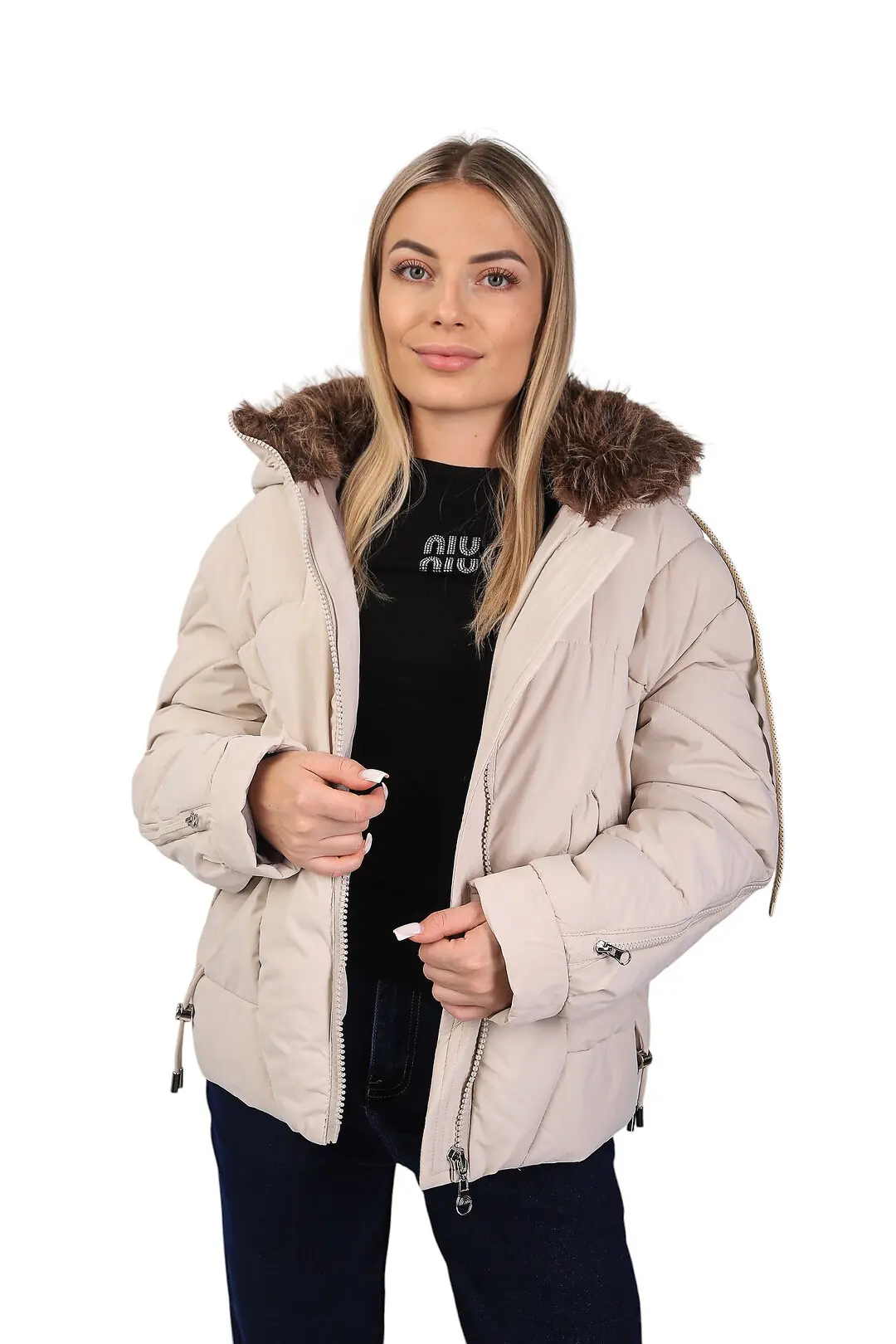 Куртка жіноча Fashion світло-бежева з плащівки з капюшоном